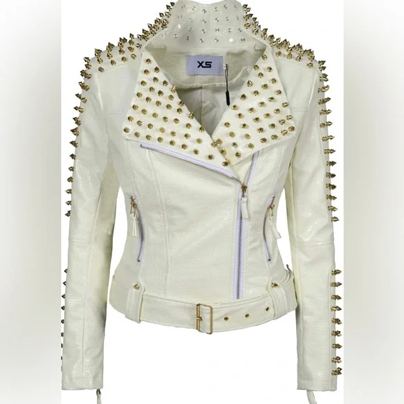NWT SX Women Faux Leather PU White Jacket Studded Rivet Fashion Jacket Size M - Picture 4 of 12